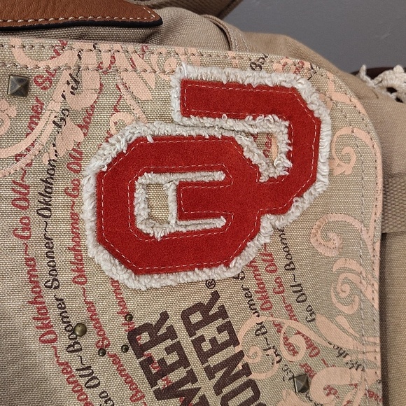 Fossil X OU Sooners Canvas Messenger Bag Tan Crimson OU Patch Adjustable Strap - Picture 2 of 9